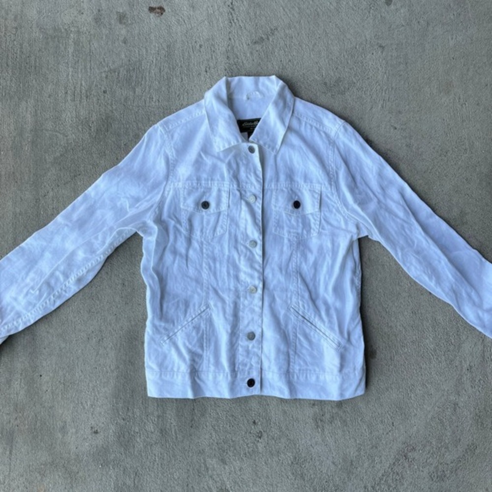 Womens Eddie Bauer Medium White Linen Utility Button Up Collared Long Sleeve - Picture 3 of 7